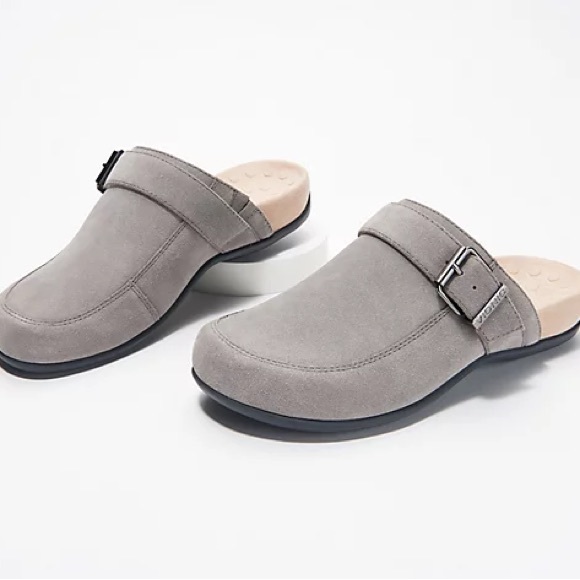 Vionic Tanya Gray Suede Buckle Slide Mule Shoes 8 - Picture 1 of 9